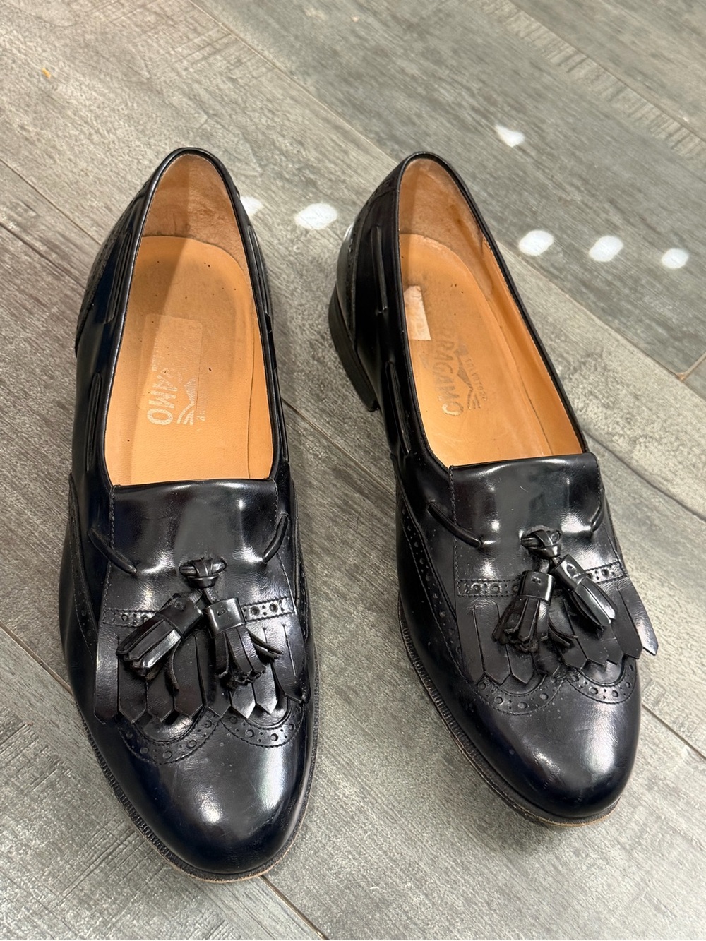 Vintage Salvatore Ferragamo Mens 10.5D Black Leather Kiltie Tassel Loafers Italy